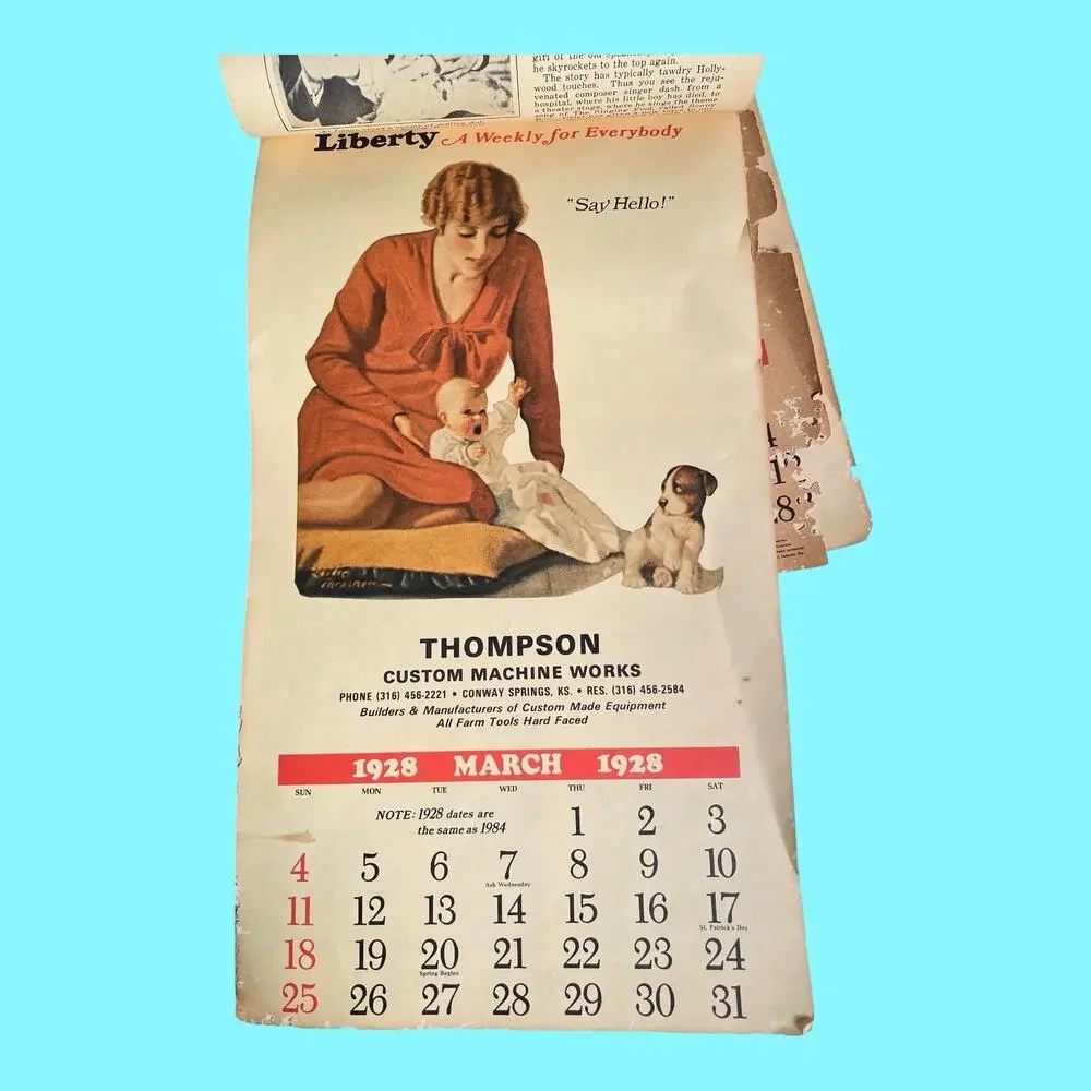 1928 Liberty Calendar Thompson Custom Machine Works 1982 Same Dates As 1928